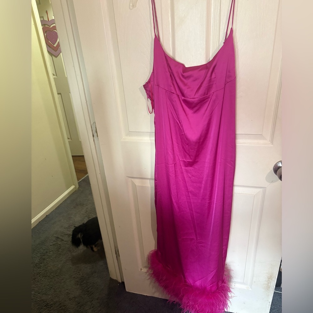 Fashion Nova Fuchsia Spaghetti Strap Slip Dress with Feather Hem